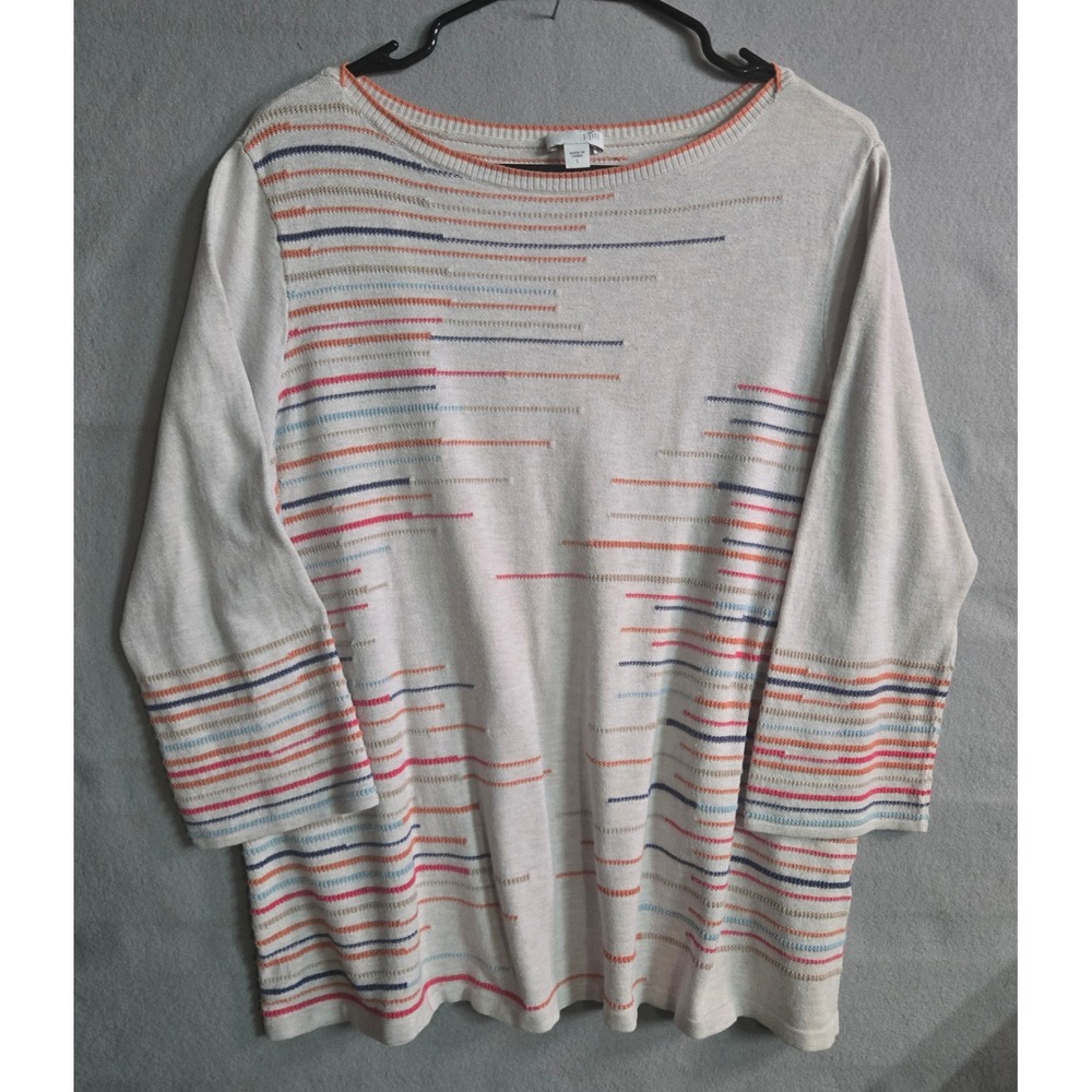 J. Jill Womens Lightweight Knit Sweater Size Large Ivory Multi Stripe 3/4 Sleeve